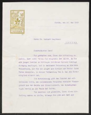 Brief von Hans Bodmer und Otto Waser von Lesezirkel  an Gerhart Hauptmann