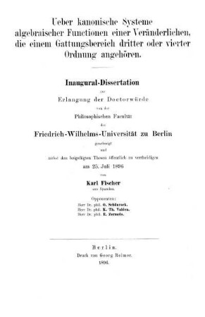 Ueber kanonische Systeme algebraischer Functionen einer Veränderlichen, die einem Gattungsbereich dritter oder vierter Ordnung angehören