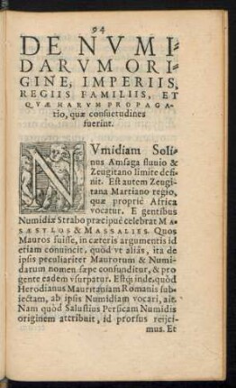 De Numidarum Origine, Imperiis, Regiis Familiis, Et Quae Harum Propagatio, quae consuetudines fuerint.
