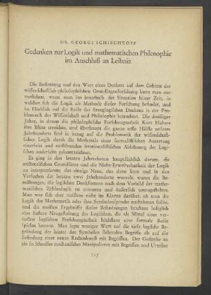 Gedanken zur Logik und mathematischen Philosophie im Anschluß an Leibniz
