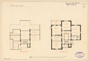 Villa für eine Familie, Berlin-Grunewald Monatskonkurrenz September 1892: Grundriss Obergeschoss, Dachgeschoss; Maßstabsleiste