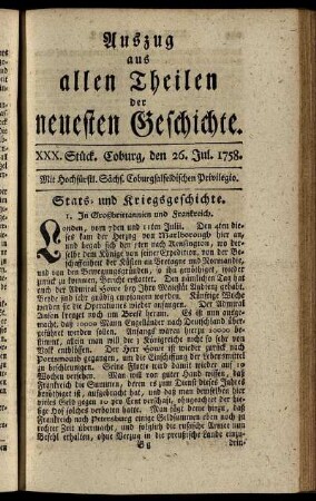 XXX. Stück. Coburg, den 26. Jul. 1758.