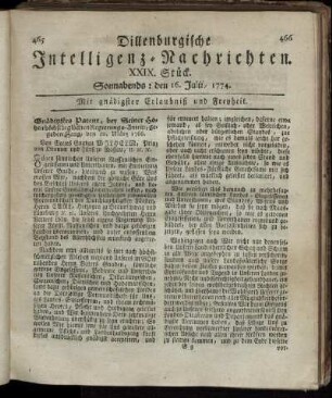 Sonnabends: den 16. Julii 1774.