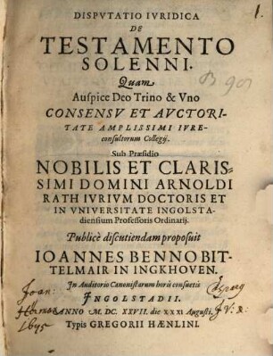 Disputatio Iuridica De Testamento Solenni