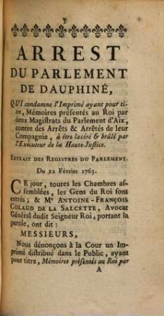 Arrest Du Parlement De Dauphiné : Du 12. Février 1763.