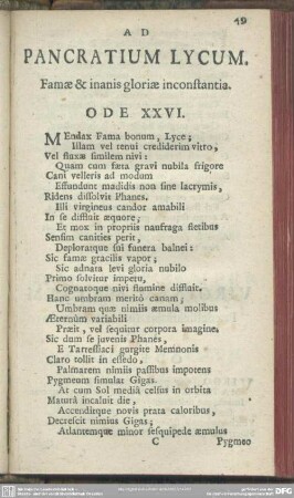 Ad Pancratium Lycum. Famae & inanis gloriae inconstantia. Ode XXVI.