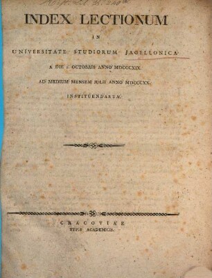 Index lectionum in Universitate Studiorum Jagellonica. 1819/20