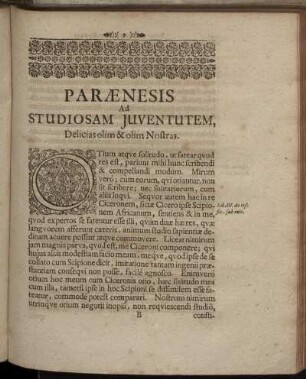 Parænesis Ad Studiosam Juventutem, Delicias olim & olim Nostras.