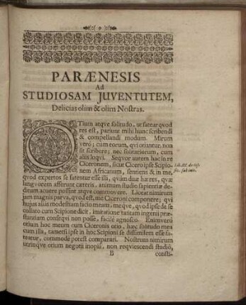 Parænesis Ad Studiosam Juventutem, Delicias olim & olim Nostras.