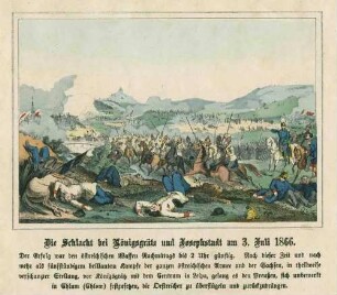 Schlacht bei Königgrätz und Josephstadt am 3.7.1866: reitende österr. Kürassiere und marschierende Truppen vor Brücke von Königgrätz