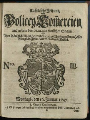 Nro. III, Montags, den 16. Januar 1747