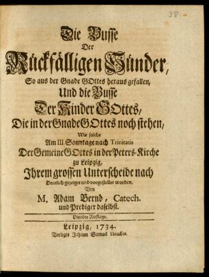 Die Busse Der Rückfälligen Sünder, So aus der Gnade Gottes heraus gefallen, Und die Busse Der Kinder Gottes, Die in der Gnade Gottes noch stehen