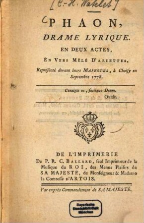 Phaon : drame lyrique. En deux actes, en vers mêle d'ariettes