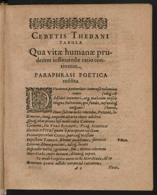 Cebetis Thebani Tabula Qua vitae humanae prudenter instituendae ratio continetur. Paraphrasi Poetica reddita.