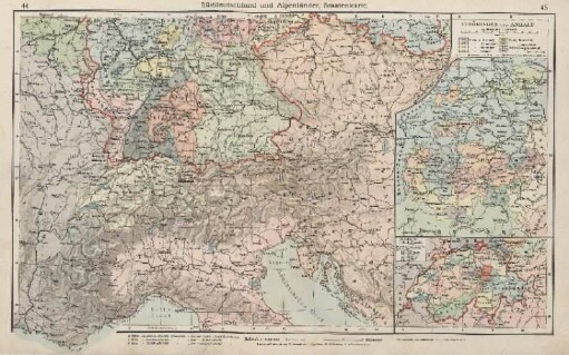 Süddeutschland und Alpenländer, Staatenkarte. I. Thüringen und Anhalt, II. Schweiz Politische Übersicht