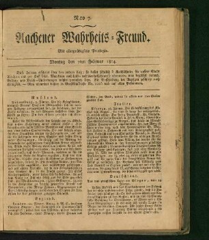Aachener Wahrheits-Freund : mit allergnädigsten Privilegio