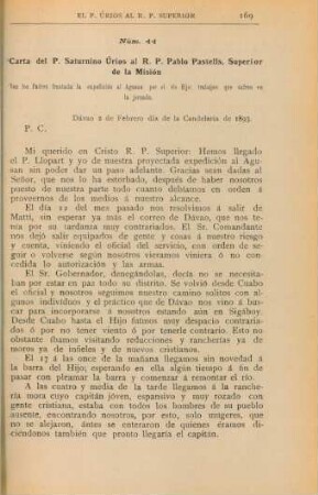 Núm. 44. Carta del P. Saturnino Úrios al R. P. Pablo Pastells, Superior de la Misión