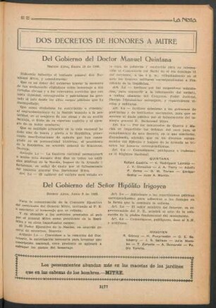 Dos decretos de honores a Mitre : Del gobierno del Doctor Manuel Quintana [y] Del gobierno del Señor Hipólitó Irigoyen