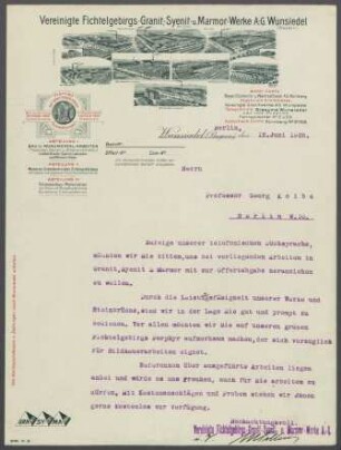 Brief von den Syenit- u. Marmor-Werke A.-G. Wunsiedel an Georg Kolbe