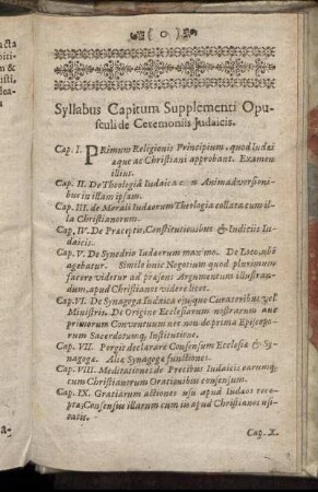 Syllabus Capitum Supplementi Opusculi Ceremoniis Judaicis.