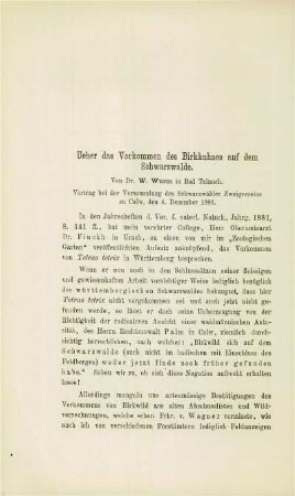 Ueber das Vorkommen des Birkhuhnes auf dem Schwarzwalde