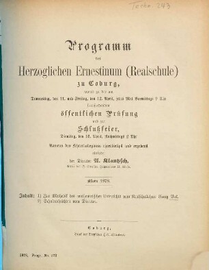 Programm der Herzoglichen Realschule (Ernestinum) zu Coburg : als Einladung zu der öffentlichen Prüfung und Schlußfeier am ..., 1877/78