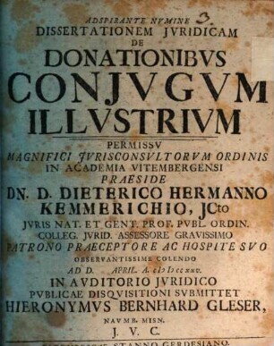 Diss. iur. de donationibus coniugum illustrium