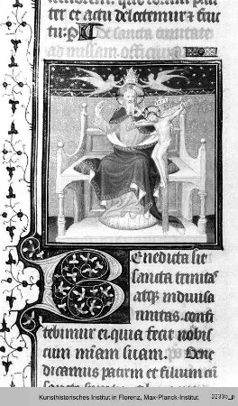 Missale Romanum cum Calendario : Textseite mit Randseitenbordüre, Initiale B und Miniatur: Gnadenstuhl