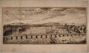 Das Elbthal in Dresden, Blick nach Westen über die Elbe, mit der Alt- und Neustadt und der 1731 erweiterten Elbbrücke (alte Augustusbrücke), mit Legende
