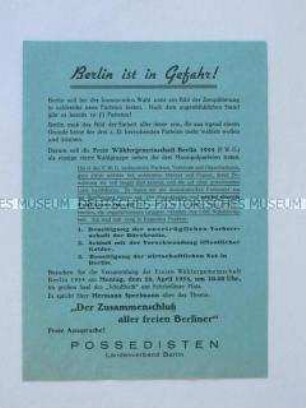 Propagandaflugblatt der "Possedisten" zur Wahl des West-Berliner Abgeordnetenhauses 1954