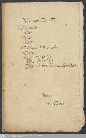 Ms. Ff. Mus. 185 - XV. post Fest: Trn: : Discanto, Alto, Tenore, Basso, violino 1mo. et 2do., viola, oboe 1mo. et 2do., corno 1mo. et 2do., organo con violoncello et violone