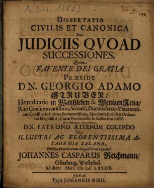 Dissertatio Civilis Et Canonica De Iudiciis Quoad Successiones