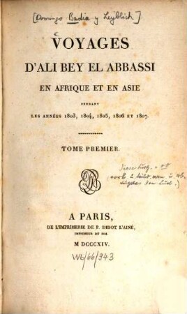 Voyages d'Ali Bey el Abbassi en Afrique et en Asie pendant les années 1803, 1804, 1805, 1806 et 1807. 1 (1814)