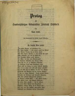 Prolog zur hundertjährigen Geburtsfeier Friedrich Schiller's