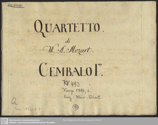 Quartets. Arr - Mus.3972-Q-7 : cemb (2) - E|b; KV 493