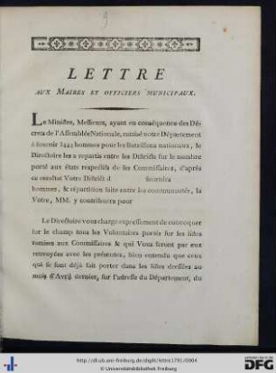 Lettre Aux Maires Et Officiers Municipaux.