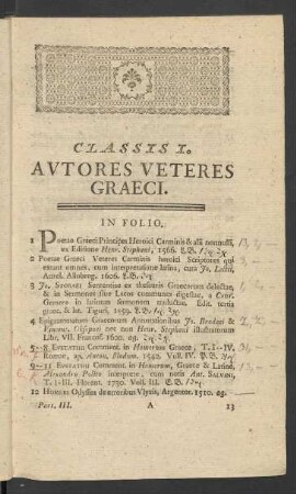 Classis I. Autores Veteres Graeci
