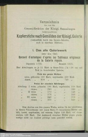 Verzeichnis der von der Generaldirektion der Königl. Sammlungen herausgegebenen Kupferstiche nach Gemälden der Königl. Galerie