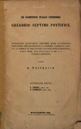 De conditione Italiae inferioris Gregorio Septimo pontifice : dissertatio