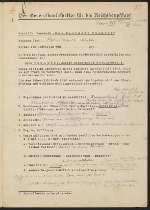 Renaissance Theater (auch: Kleines Haus des Schillertheater), Berlin: Fragebogen für das Handbuch »Das Deutsche Theater«, vierseitiges Dokument