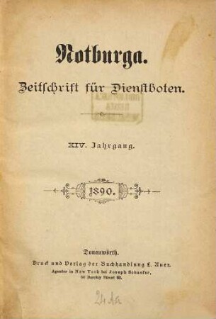 Notburga. Wochenausgabe : illustrierte Zeitschrift für katholische Mädchen. 14. 1890