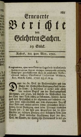 19 Stück. Rostock, den 8ten May, 1766