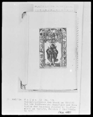 Niederdeutsches Gebetbuch mit teils eingeklebten, teils eingeprägten Kupferstichen — Ganzfigur und Martyrium des Apostels Jakobus des Älteren, Folio 54verso