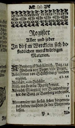 Register Aller und jeder In diesem Wercklein sich befindlichen merckwürdigen Materien.