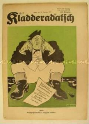 Satirezeitschrift "Kladderadatsch" zur Kriegslage zum Jahreswechsel 1917/18 aus britischer Sicht (Titelkarikatur)