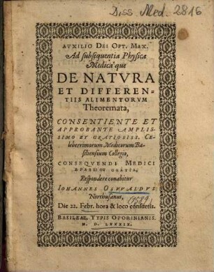 Ad subsequentia Physica Medicáque De Natvra [Natura] Et Differentiis Alimentorvm [Alimentorum] Theoremata