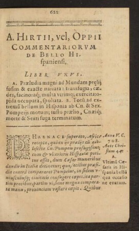 A. Hirtii, vel, Oppii Commentariorum De Bello Hispaniensi, Liber Unus.
