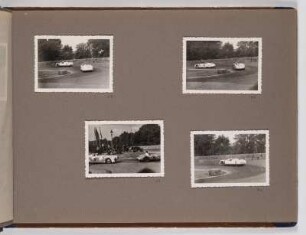 Albumseite mit Fotos von einem Autorennen : Fotoalbum zum Rennsport in der DDR ab 1951. Kartoneinband mit Kordelbindung; 24,5 x 35 x 2 cm (1951). Dresden: SLUB/DF 2017.D.39