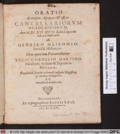 Oratio de origine, dignitate & officio Cancellariorum Academicorum