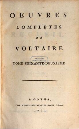 Oeuvres completes de Voltaire, 62. Recueil des lettres de M. de Voltaire ; 7 : 1761 - 1762